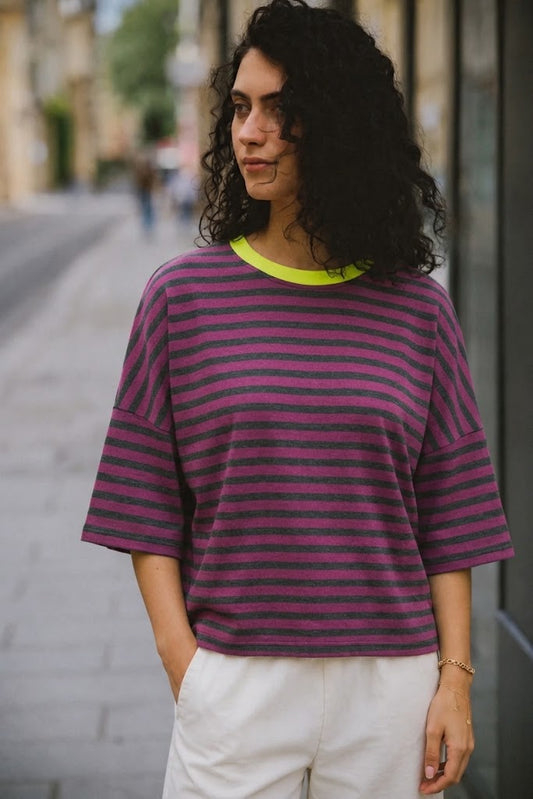 Camiseta rayas antracita & frambuesa