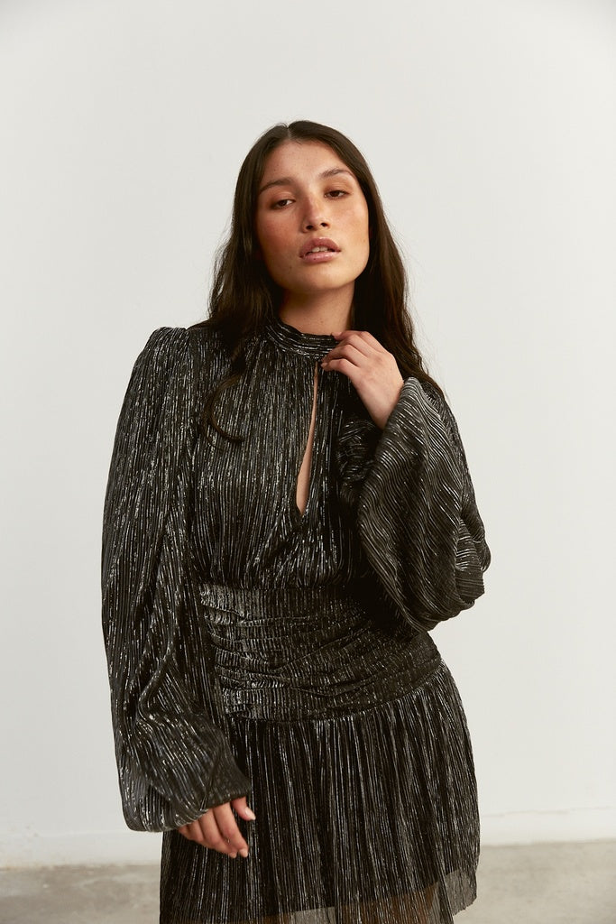 Vestido corto negro lurex plata NTB