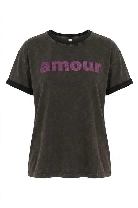 Camiseta AMOUR color negro & glitter fucsia