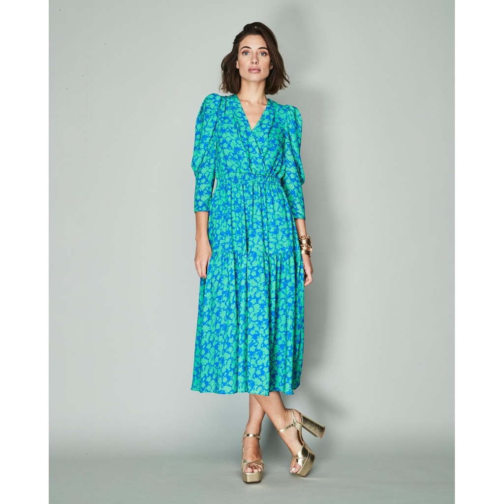 Vestido midi mangas volumen color azul y verde