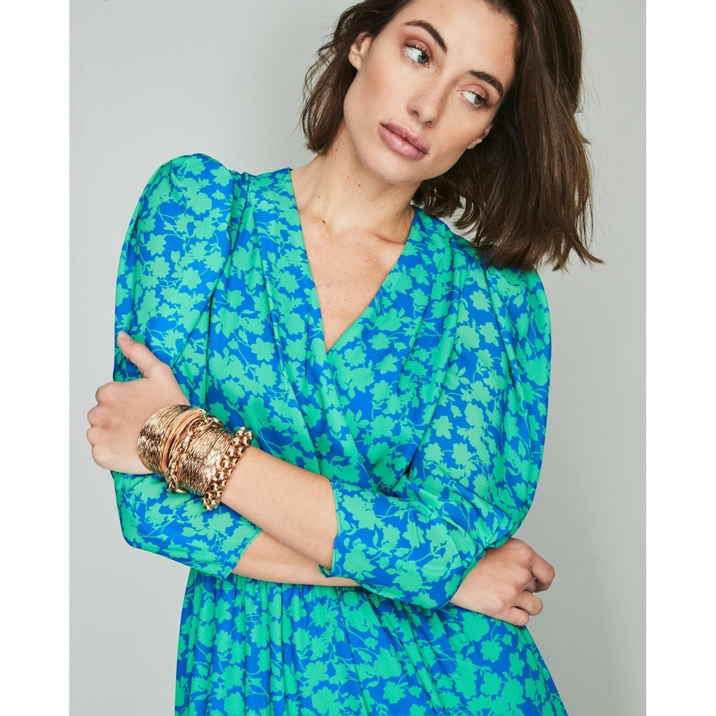 Vestido midi mangas volumen color azul y verde
