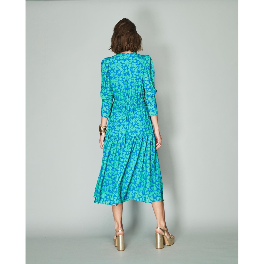 Vestido midi mangas volumen color azul y verde