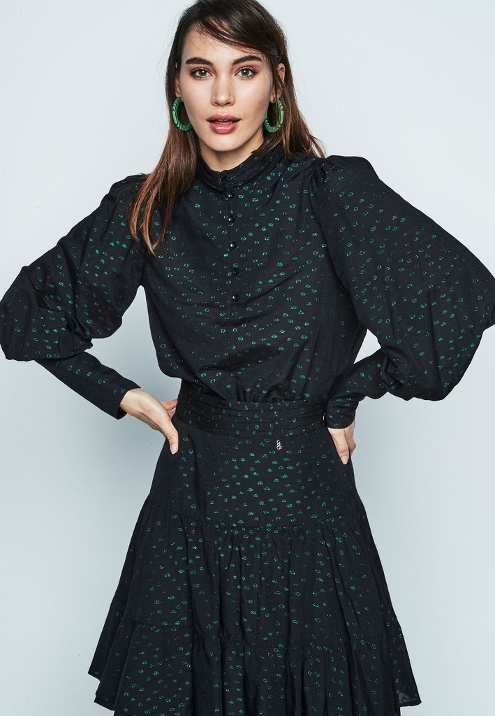 Falda negra en tejido jacquard con lúrex color verde