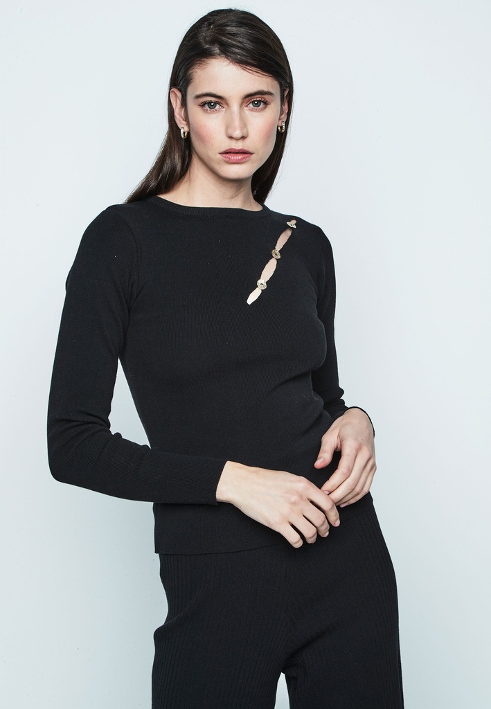 Jersey canalé aberturas con botones decorativos color negro