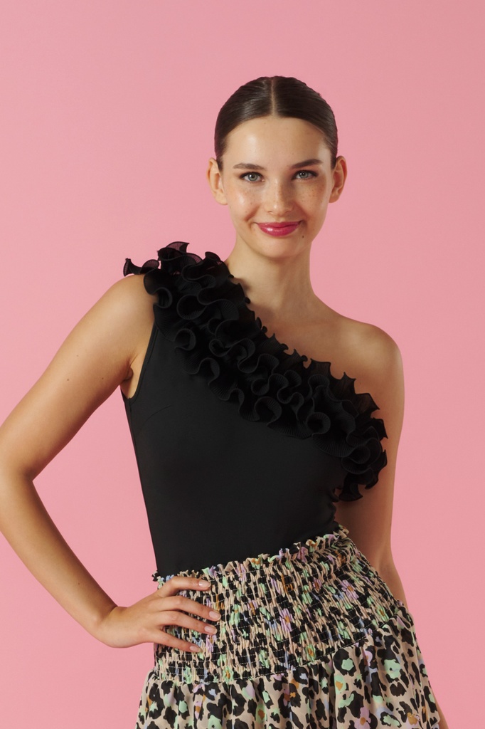 Body asimétrico con volantes tul color negro (XL)