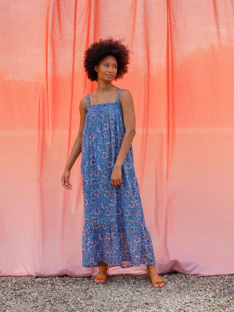 Vestido maxi tirantes block print cuarzo azul