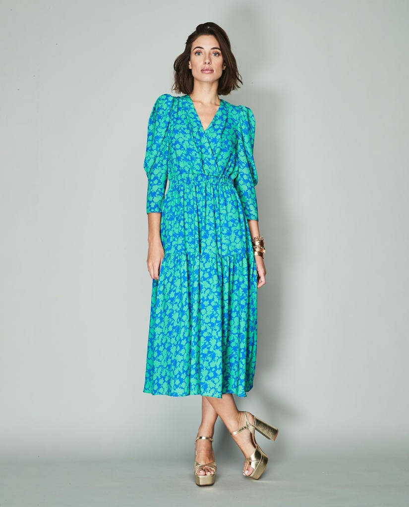 Vestido midi mangas volumen color azul y verde