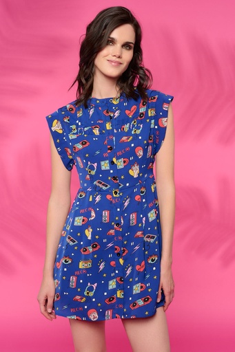 [paula] Vestido estampado vintage azul