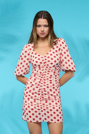 [boulevard] Vestido fruncido estampado lunares 