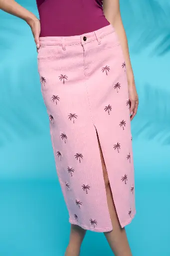 Falda denim palmeras bordadas 