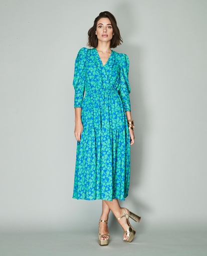 Vestido midi mangas volumen color azul y verde