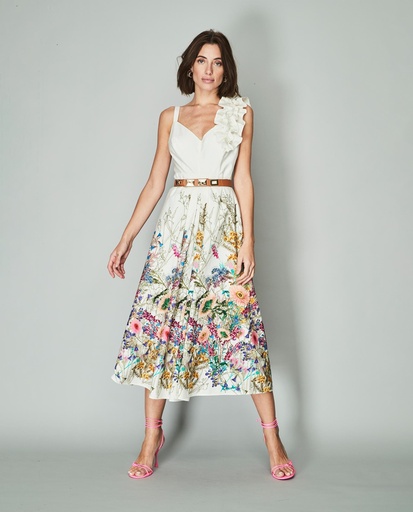 Vestido tirante y volante estampado floral