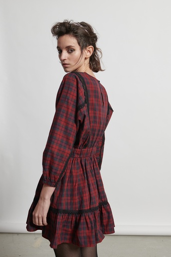Vestido estampado cuadros rojos, gris y negro