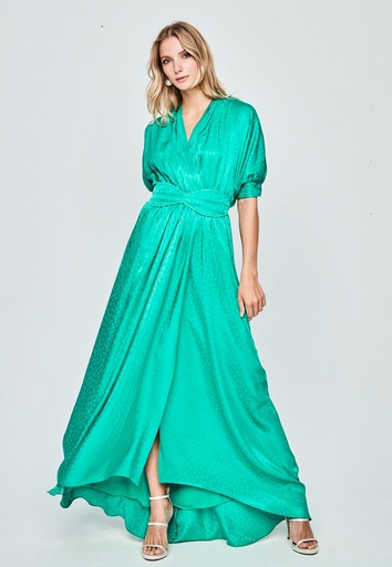 Vestido largo asimétrico y escote pico color verde