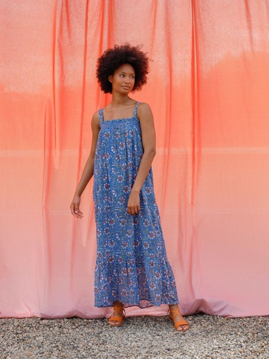 Vestido maxi tirantes block print cuarzo azul