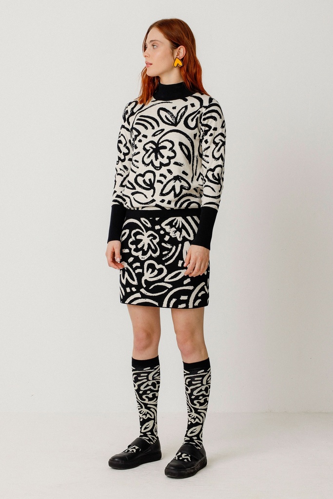 Falda algodón estampado hojas crudo y negro