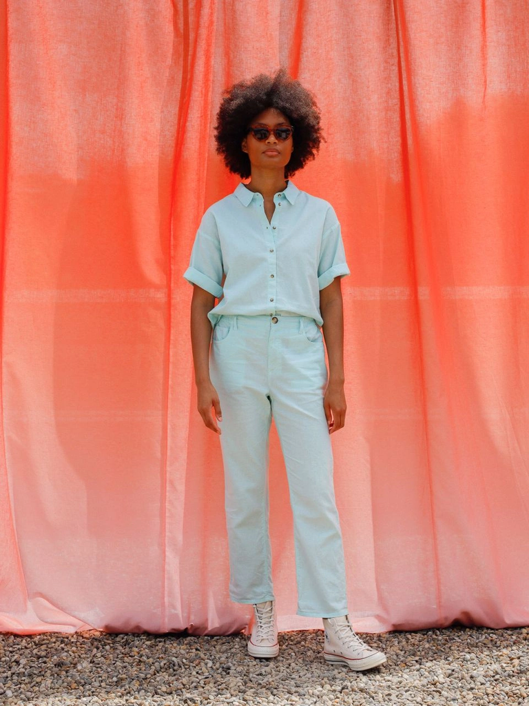 Pantalón algodón y lino aguamarina